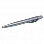 Ручка шариковая автоматическая, серый корпус, металический клип с зеленой пластиковой вставкой