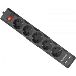 Сетевой фильтр 5 розеток, 1,8м, "DFS-751", 2 USB, черный, с заземлением, выключатель,10А  (Defender)
