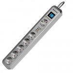 Сетевой фильтр 6 розеток, 2м, "DFS-501" 525 Дж,2 х USB порта, 1A, 5В, серебро (Defender)